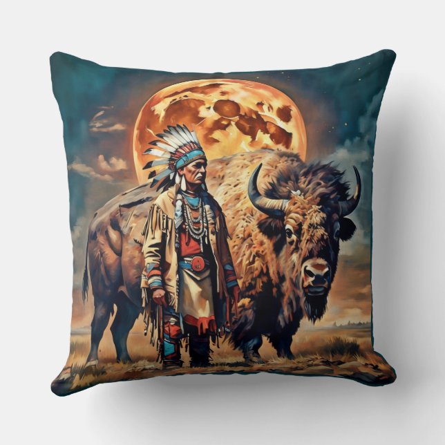 Bison and Native American Chief Cushion (Back)
