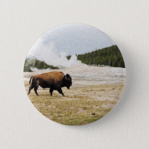 Bison and Old Faithful 6 Cm Round Badge