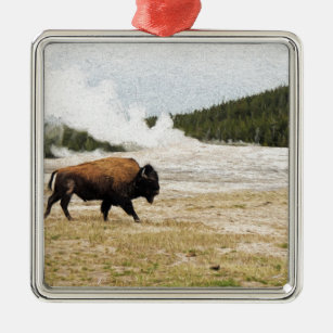 Bison and Old Faithful Metal Tree Decoration