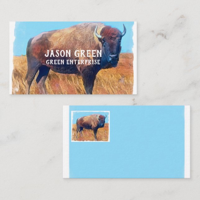 bison art on blue and white double sided custom business card (Front/Back)