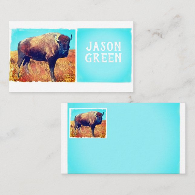 bison art on turquoise and white bold double sided business card (Front/Back)
