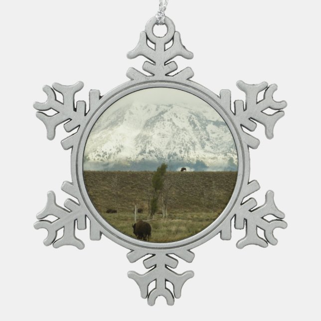 Bison at Grand Teton National Park Photography Snowflake Pewter Christmas Ornament (Front)