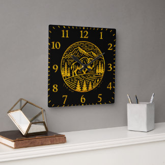Bison at Sunset in Mountain Landscape Square Wall Clock