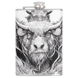 Bison Buffalo Animal Wild Nature Illustration Line Hip Flask
