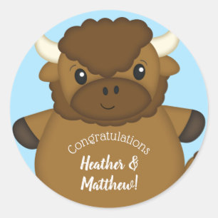 Bison Buffalo Baby Shower Blue Classic Round Sticker