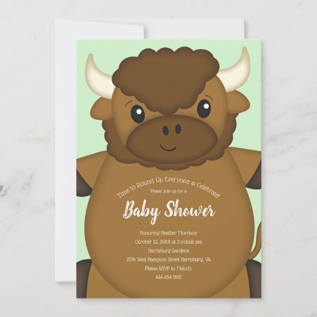 Bison Buffalo Baby Shower Green Invitation (Front)