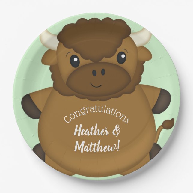 Bison Buffalo Baby Shower Green Paper Plate (Front)