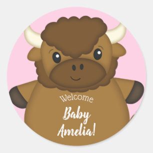 Bison Buffalo Baby Shower Pink Classic Round Sticker