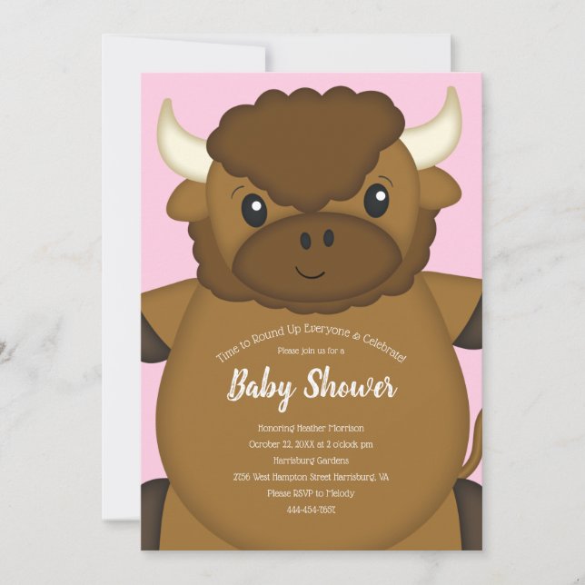 Bison Buffalo Baby Shower Pink Invitation (Front)
