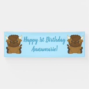 Bison Buffalo Birthday Party Blue Banner