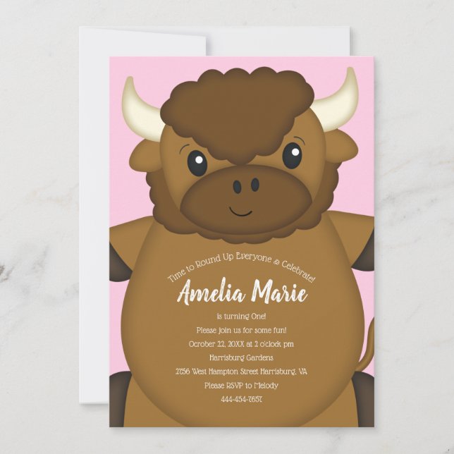 Bison Buffalo Birthday Party Pink Invitation (Front)