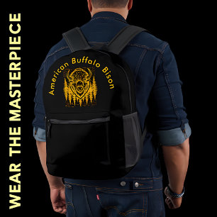 Bison Buffalo Head Illustration Amid Tall Trees Printed Backpack