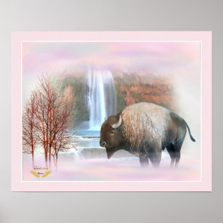 Bison Buffalo misty waterfall scene print