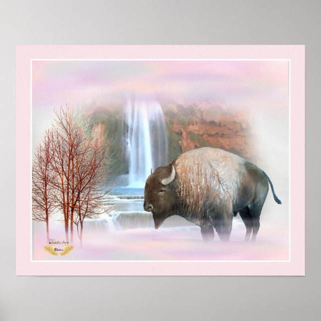 Bison Buffalo misty waterfall scene print (Front)