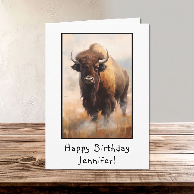 Bison Buffalo Portrait Happy Birthday Name Card (Creator Uploaded)