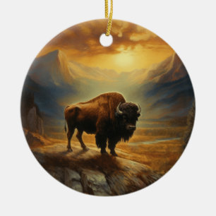 Bison Buffalo Sunset View Ceramic Tree Decoration