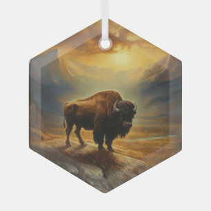 Bison Buffalo Sunset View Glass Tree Decoration