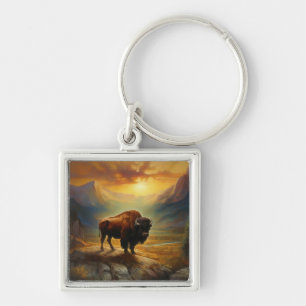 Bison Buffalo Sunset View Painting Key Ring