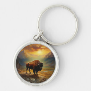 Bison Buffalo Sunset View Painting Key Ring