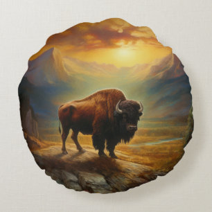 Bison Buffalo Sunset View Painting Round Cushion