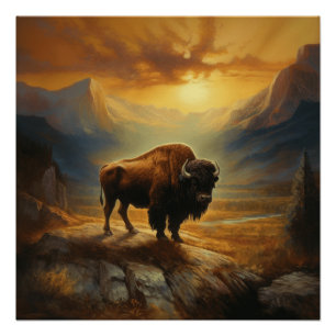 Bison Buffalo Sunset View Poster