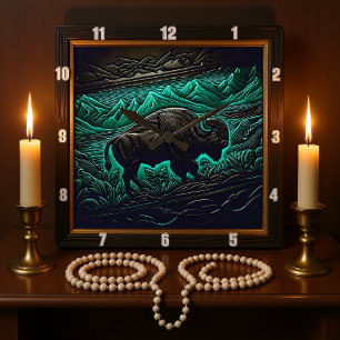 Bison Buffalo Tooled Teal Bison Square Wall Clock