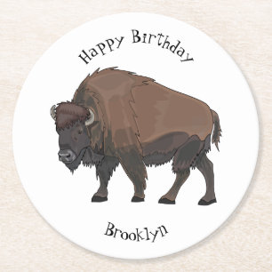 Bison cartoon illustration round paper coaster