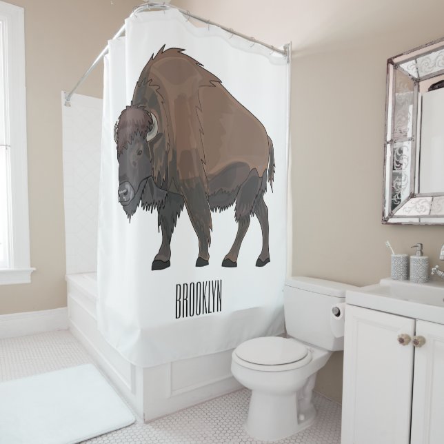 Bison cartoon illustration shower curtain (In Situ)