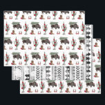 Bison Christmas Tree Ranch Western Geometric Wrapping Paper Sheet<br><div class="desc">Illustration of a buffalo wearing a santa hat with Christmas tree tied to its back with cactus,  horse shoe,  and cowboy boot decorated with poinsettias and bows.</div>