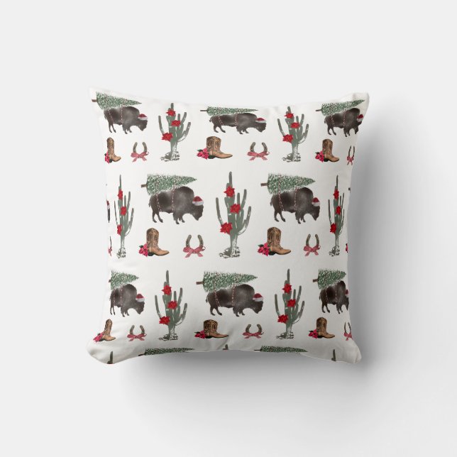 Bison Christmas Tree Ranch Wild West Christmas Cushion (Front)