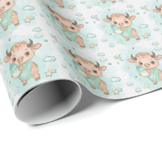 Bison Cute Baby Pastel Watercolor Pattern  Wrapping Paper