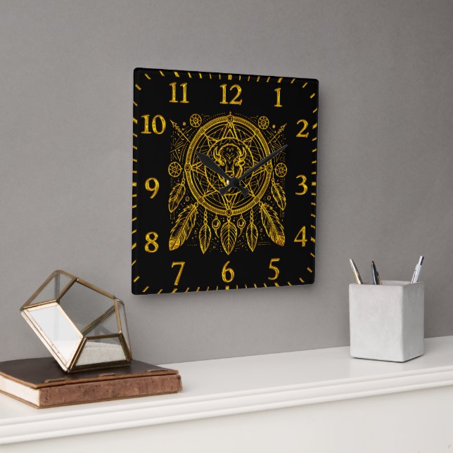 Bison Design With Feathers and Geometric Patterns Square Wall Clock (Office)