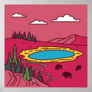 Bison Graze by Geothermal Pool in Yellowstone Poster