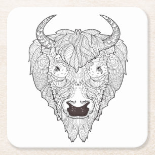 Bison Head Doodle Square Paper Coaster