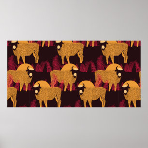 Bison in a field in high grass seamless pattern poster
