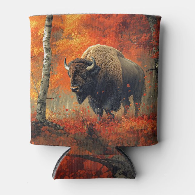 Bison in the Autumn Woods Artwork Can Cooler (Front)