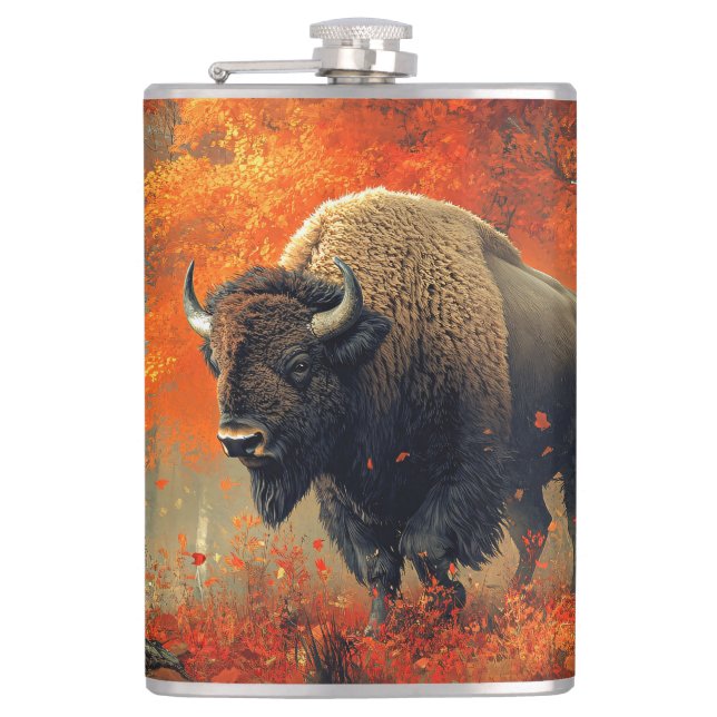Bison in the Autumn Woods Artwork Hip Flask (Front)