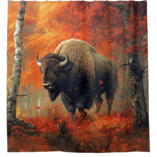 Bison in the Autumn Woods Artwork Shower Curtain