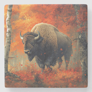 Bison in the Autumn Woods Artwork Stone Coaster