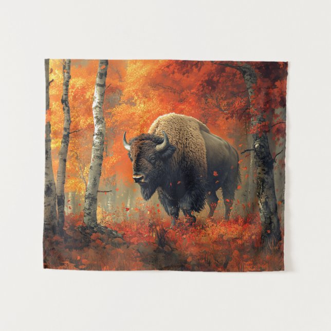 Bison in the Autumn Woods Artwork Tapestry (Front (Horizontal))