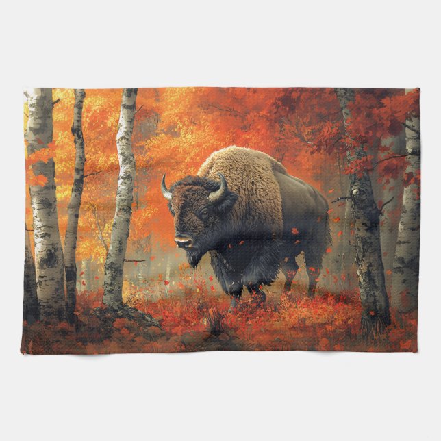 Bison in the Autumn Woods Artwork Tea Towel (Horizontal)