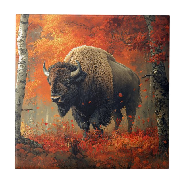 Bison in the Autumn Woods Artwork Tile (Front)
