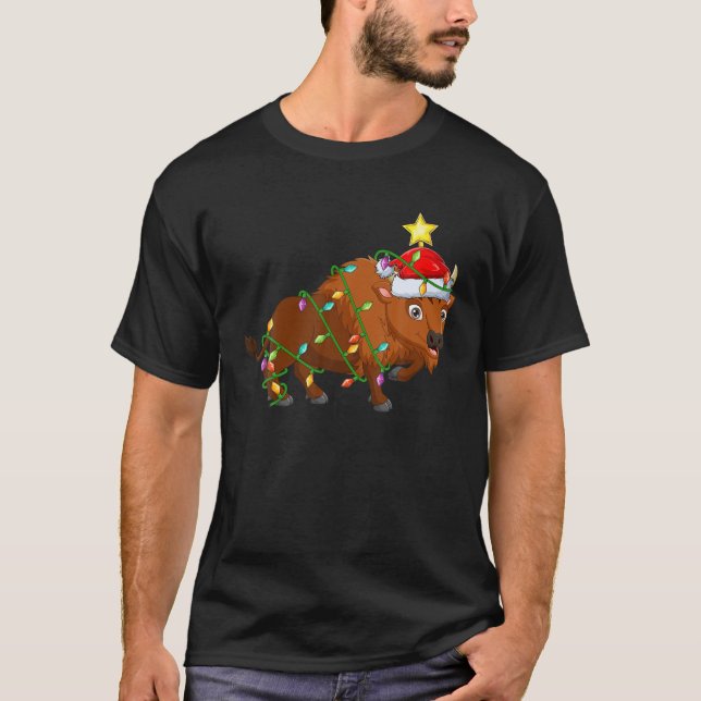 Bison Lighting Xmas Tree Matching Bison Christmas T-Shirt (Front)