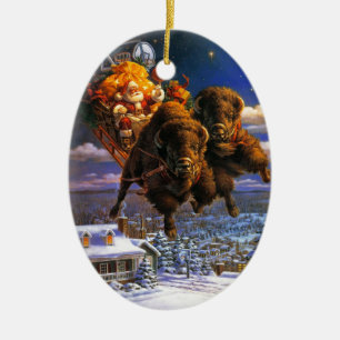 Bison Pulling Santa Claus Ceramic Tree Decoration