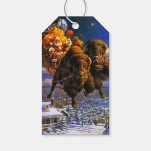 Bison Pulling Santa Claus Gift Tags