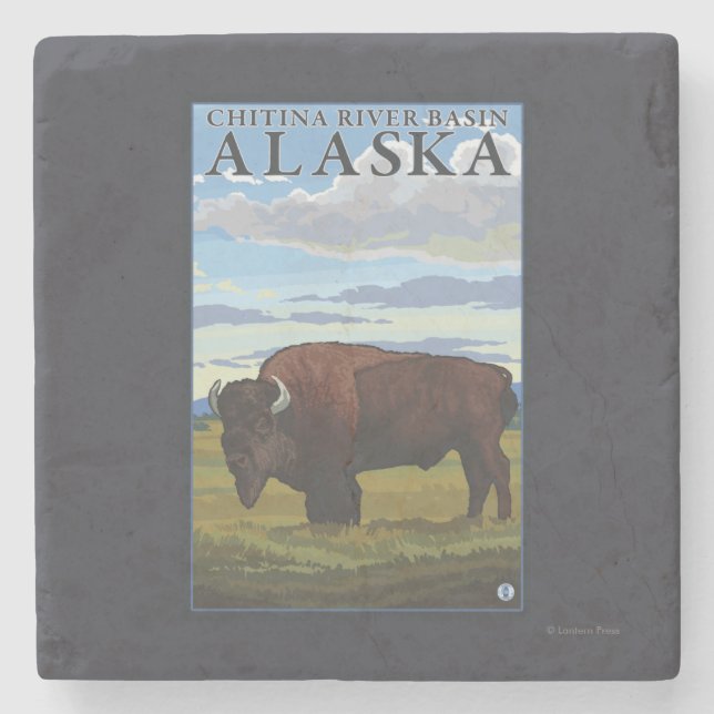 Bison Scene - Chitina River Basin, Alaska Stone Coaster (Front)