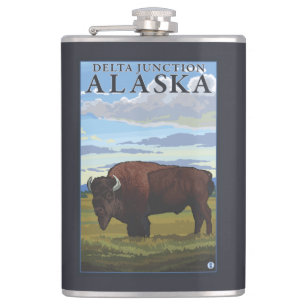 Bison Scene - Delta Junction, Alaska Hip Flask