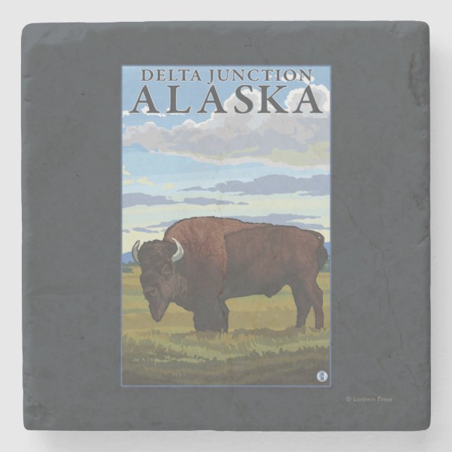 Bison Scene - Delta Junction, Alaska Stone Coaster (Front)