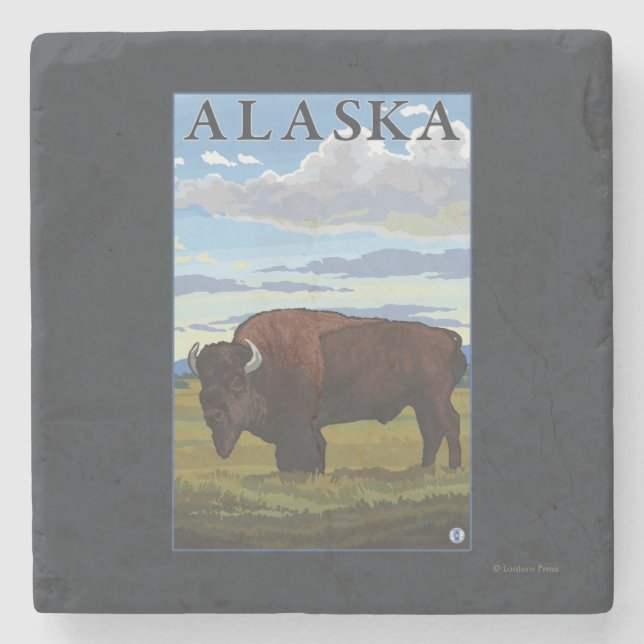 Bison Scene- Vintage Travel Poster Stone Coaster (Front)