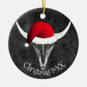 Bison Skull with Santa Hat Christmas Ceramic Ornam Ceramic Tree Decoration